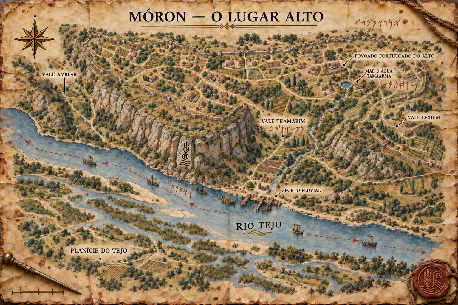 Mapa narrativo de Móron, o lugar alto, com o planalto fortificado, a nascente Tamaarma, vales, porto fluvial e o rio Tejo